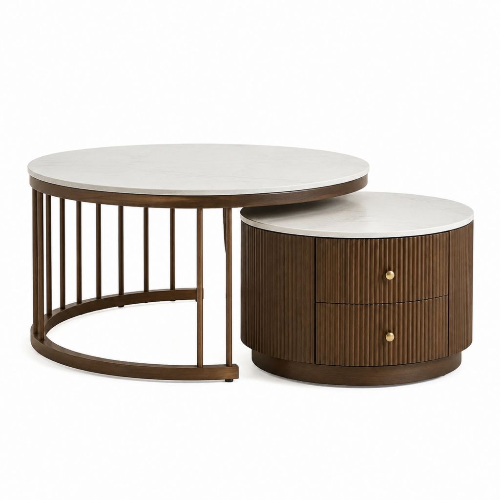Tables basses gigognes avec rangement brun et blanc effet marbre en MDF 100 x 60 x 45 cm et 70 x 70 x 38 cm
