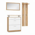 Ensemble meuble d'entrée chêne clair et blanc en panneaux de particules avec miroir 140 x 180 x 30 cm