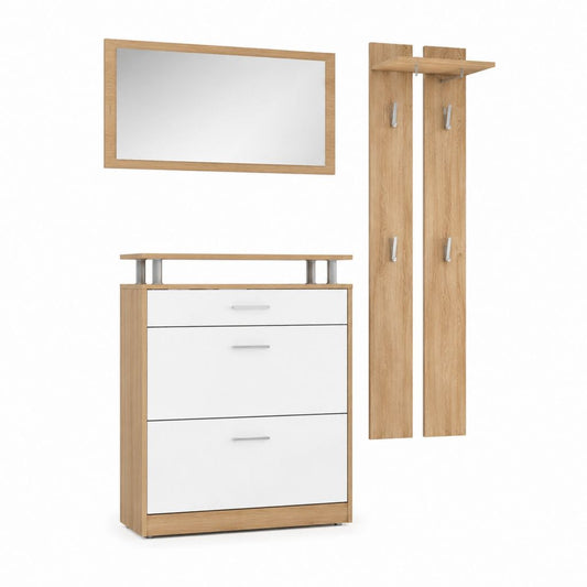 Ensemble meuble d'entrée chêne clair et blanc en panneaux de particules avec miroir 140 x 180 x 30 cm