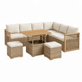 Salon de jardin d'angle 5 pièces beige en rotin PE et bois d'acacia 220 x 220 cm
