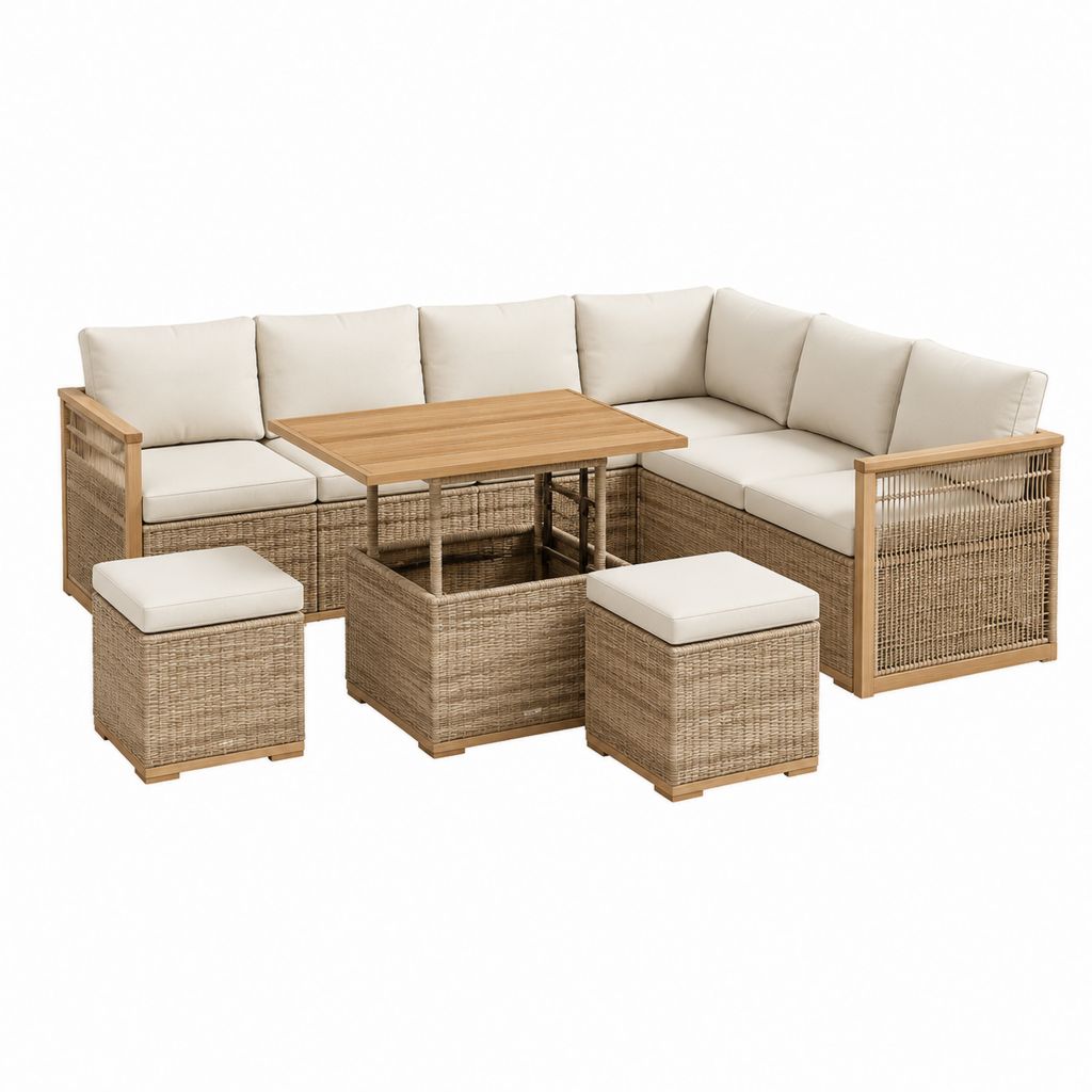 Salon de jardin d'angle 5 pièces beige en rotin PE et bois d'acacia 220 x 220 cm