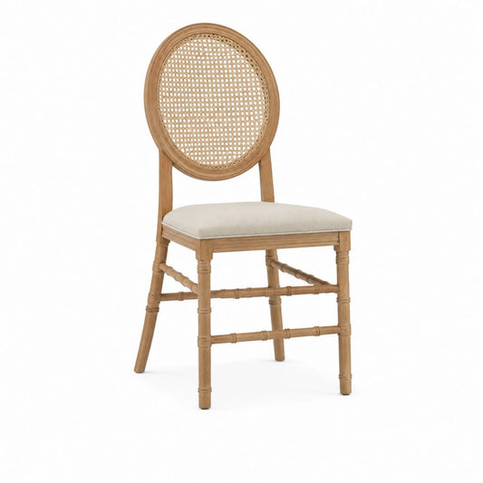 Chaise de salle à manger naturelle et beige en chêne massif avec cannage en rotin dossier rond 50 x 58 x 97 cm