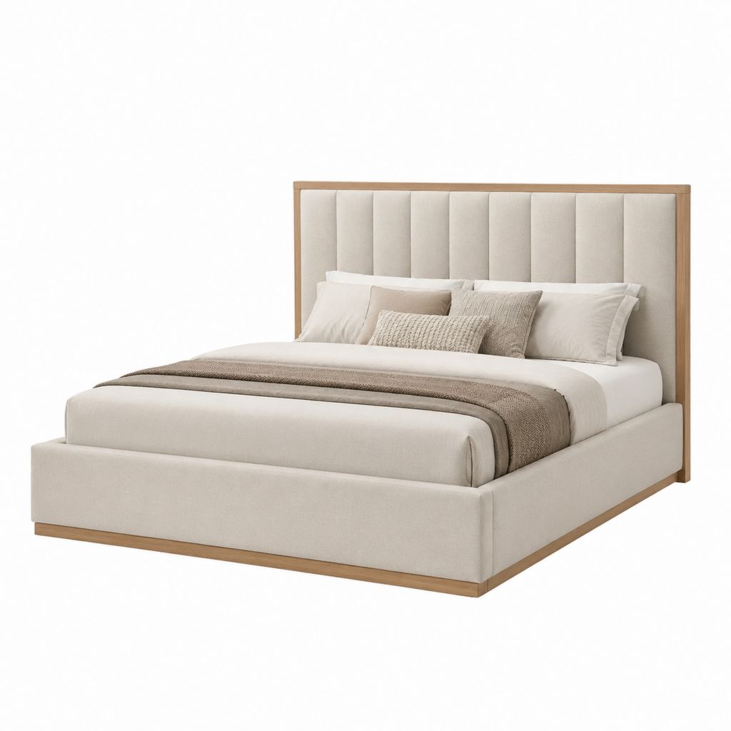 Lit coffre 160 x 200 cm beige en polyester avec cadre en bois massif