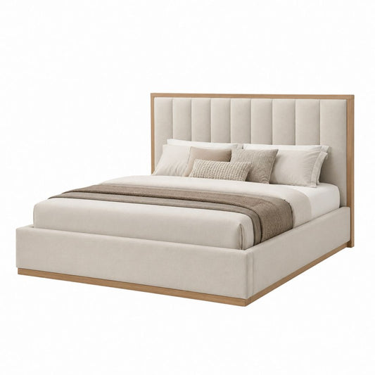 Lit coffre 160 x 200 cm beige en polyester avec cadre en bois massif