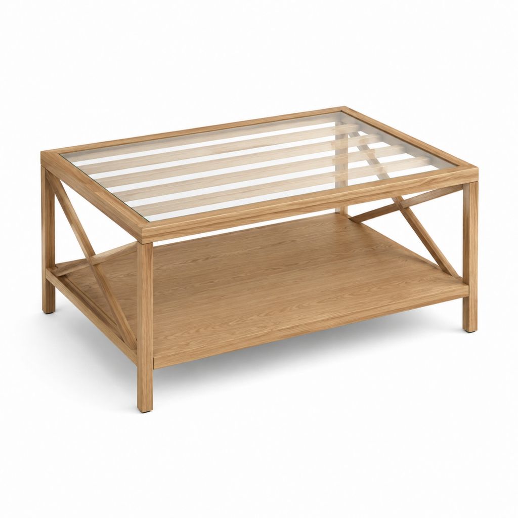 Table basse rectangulaire chêne massif et verre trempé transparent 100 x 60 x 45 cm