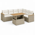 Salon de jardin d'angle 6 places beige en résine tressée PE avec table relevable 218 x 218 x 85 cm