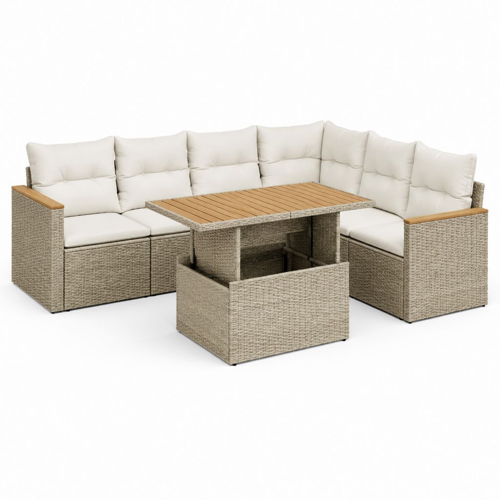 Salon de jardin d'angle 6 places beige en résine tressée PE avec table relevable 218 x 218 x 85 cm