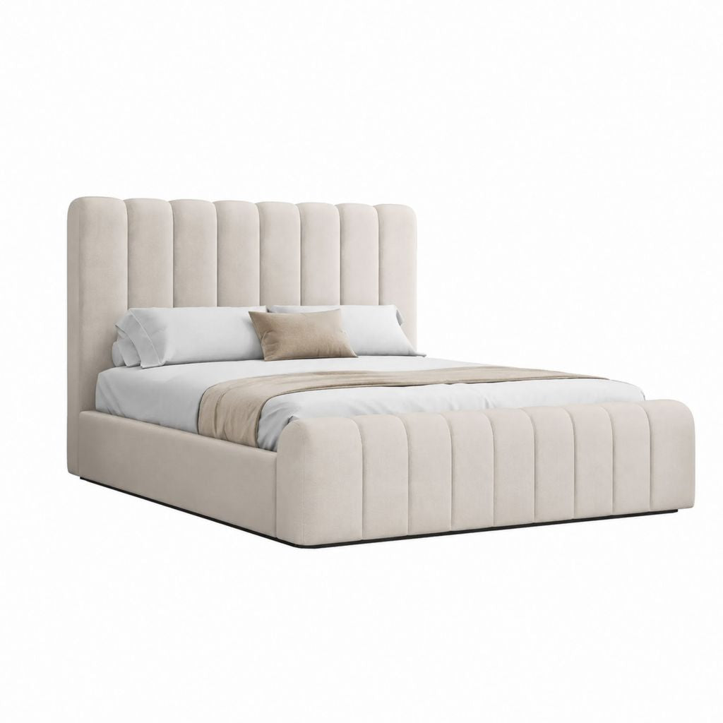 Lit coffre 160 x 200 cm beige en velours polyester avec tête de lit capitonnée