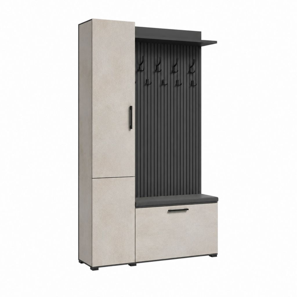 Meuble d'entrée avec penderie banc coffre et patères gris béton noir 120 x 40 x 190 cm