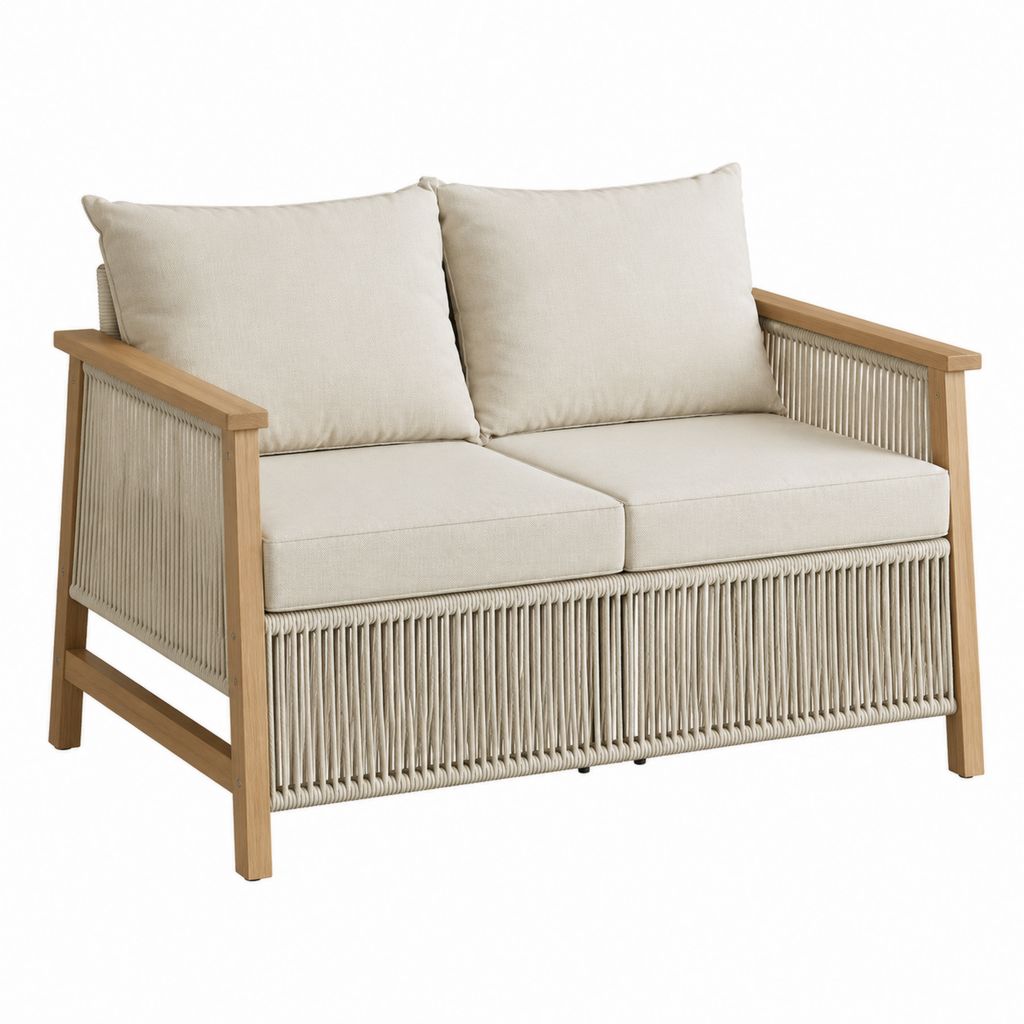 Canapé de jardin 2 places rectangulaire beige en acacia massif et corde en polypropylène 130 x 75 x 78 cm