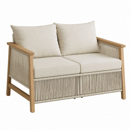 Canapé de jardin 2 places rectangulaire beige en acacia massif et corde en polypropylène 130 x 75 x 78 cm
