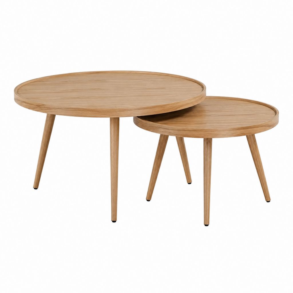 Tables basses gigognes rondes chêne MDF plaqué 80 x 80 x 45 cm et 60 x 60 x 40 cm