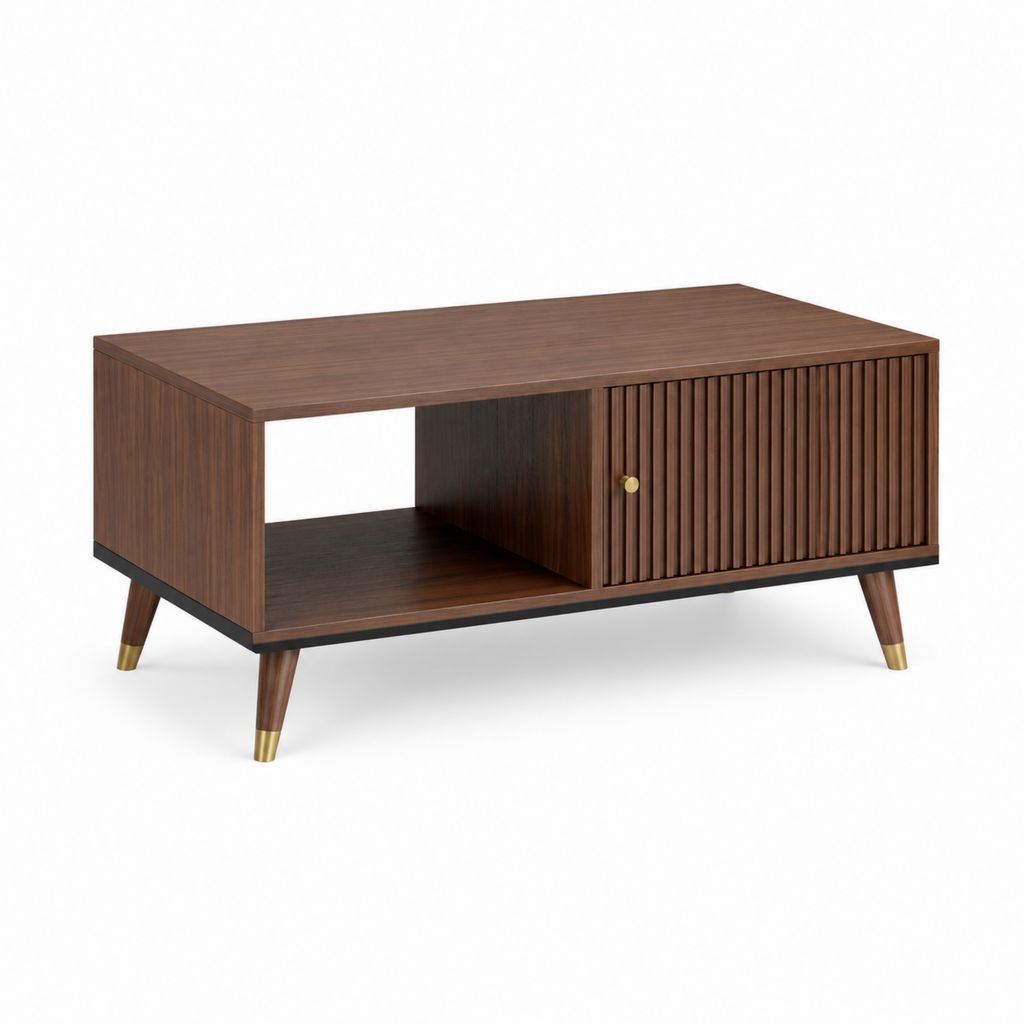 Table basse de salon rectangulaire marron en MDF décor noyer 100 x 50 x 45 cm avec rangement