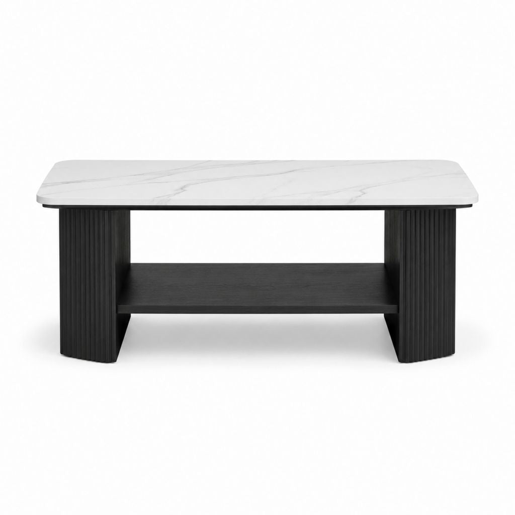 Table basse rectangulaire blanche et noire en pierre frittée et MDF 120 x 60 x 45 cm