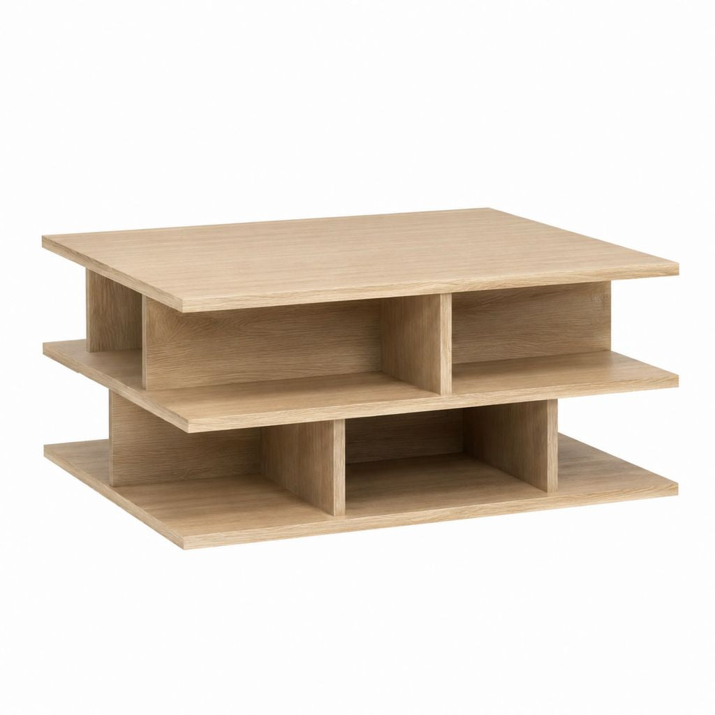 Table basse rectangulaire chêne clair en panneaux de particules 100 x 60 x 45 cm avec rangements ouverts